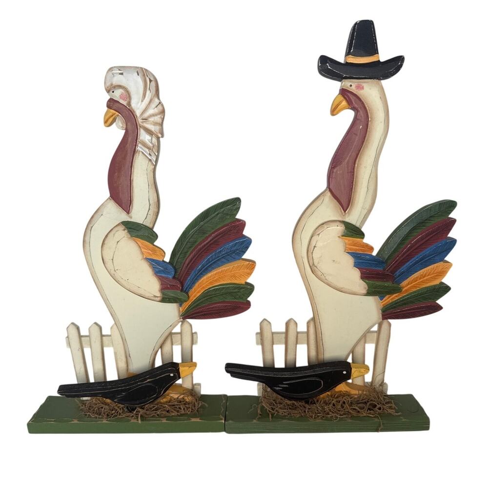 2 Turkeys wood carved thin stands colorful feathers picket fence crow